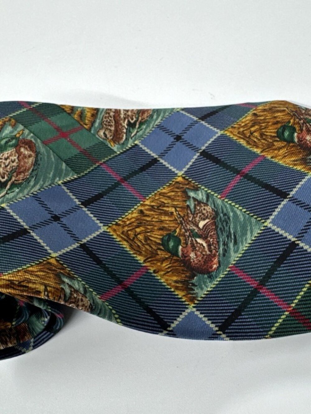 Vintage 90s Ruff Hewn Silk Tie Mens Mallard Ducks Necktie Blue Plaid Hunting